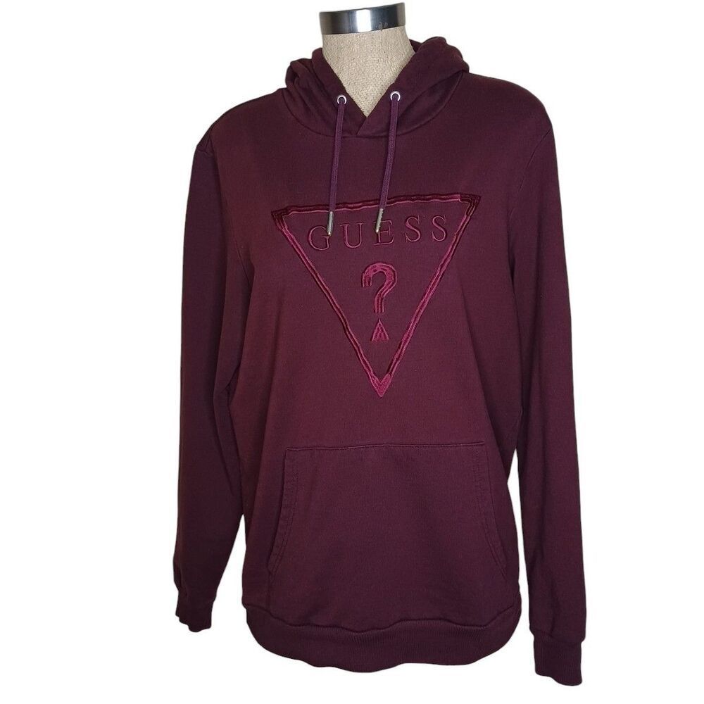 GUESS Pullover Hoodie Sweatshirt Womens Size L Burgundy Red Embossed Logo